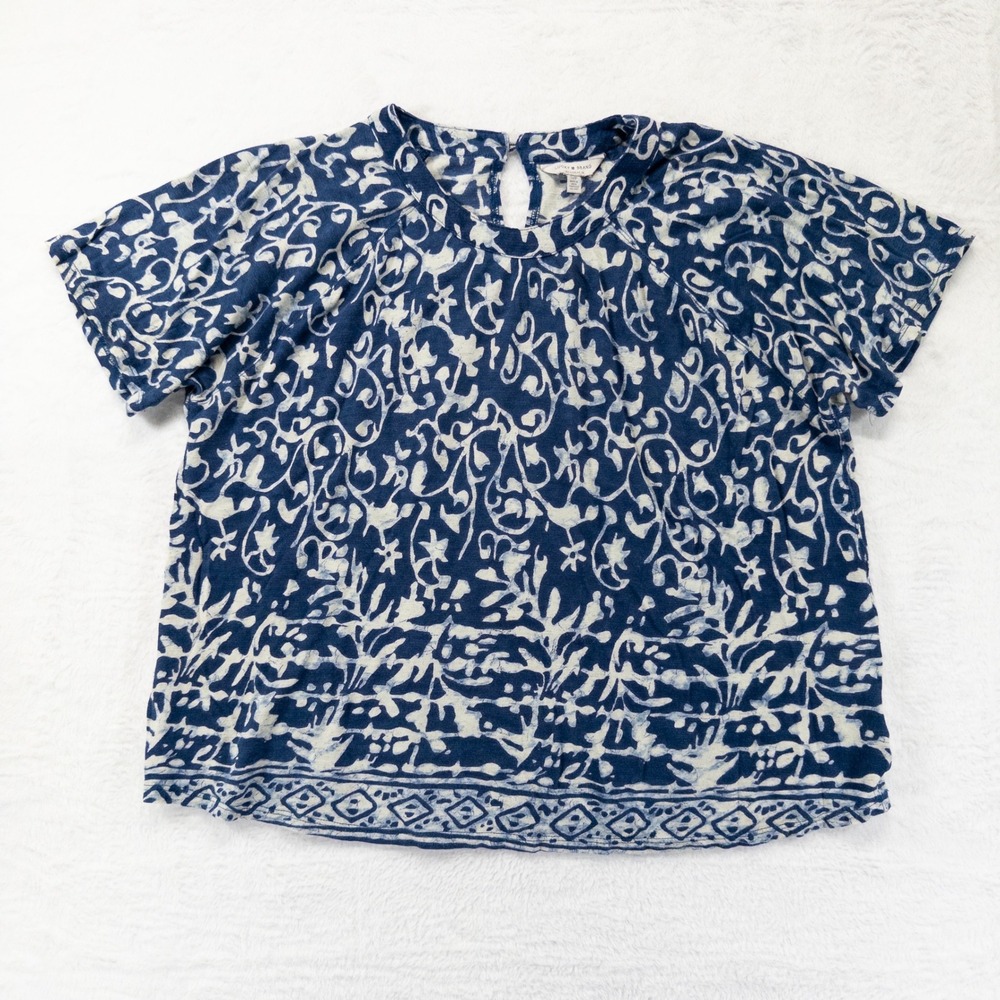 Lucky Brand Womens Blouse Top Small Blue White Batik Scroll Print Short Sleeve